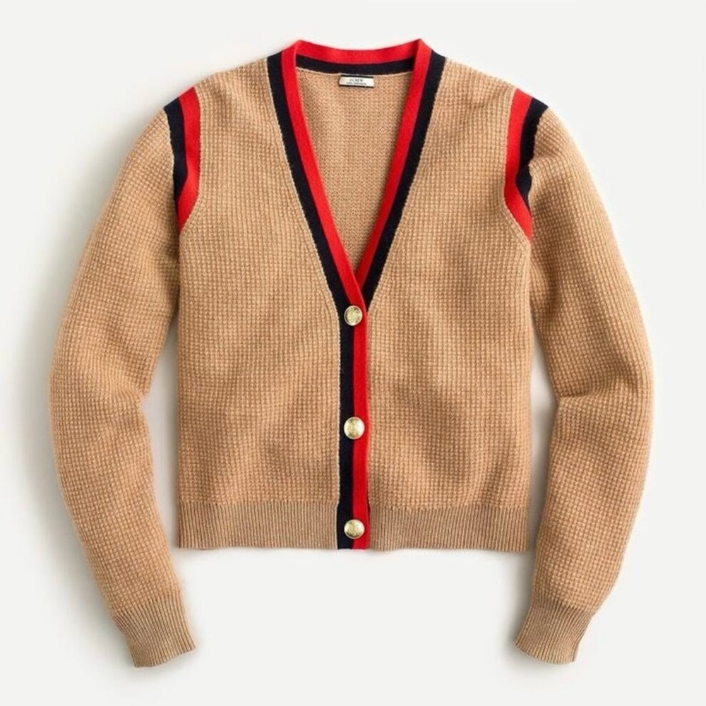 J. Crew Cashmere Cardigan with Red and Navy Stripes